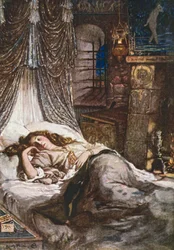 Cámara de la cama de Imogen. Cymbeline - Acto II, Escena 2 (litografía en color)
