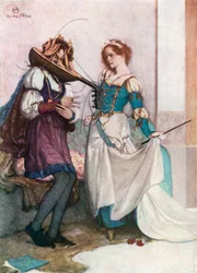 La gentil Catalina. La fierecilla domada - Acto II, Escena 1 (litografía en color)
