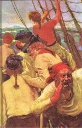 Diseño de la cubierta interior, de La isla del tesoro publicada por MacDonald 1947 (litografía en color)