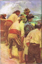Diseño de la cubierta interior, de La isla del tesoro publicada por MacDonald 1947 (litografía en color)