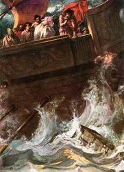 La reina arrojada por la borda. Pericles, Príncipe de Tiro - Acto III, Escena 1, c.1925 (litografía en color)