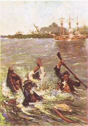 El barco se hundió por la popa en un metro de agua, de la Isla del Tesoro publicada por MacDonald 1947 (litografía en color)