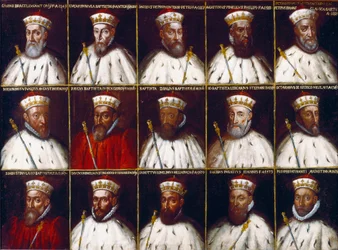 Escudo de armas de la República de Génova y retratos de los Dux. Gaspare Grimaldi Bracelli, Luca Spinola, Giacomo Promontorio, Agostino Pinello Ardimenti, Pietro Giovanni Chiavica, Girolamo Vivaldi, Paolo Battista Giudice, Battista Cicala Zoaglio, Giovan