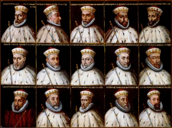 Escudo de armas de la República de Génova y retratos de los Dux. Gio. Battista Gentile Pignolo, Nicolò Doria, Gerolamo De Franchi Toso, Gerolamo Chiavari, Ambrogio Di Negro, Davide Vacca (o Vaccari), Battista Negrone, Gio Giustiniani Campi, Antonio Grimald