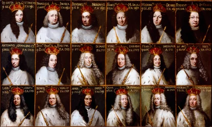 Escudo de armas de la República de Génova y retratos de los dux. Giovanni Battista Cattaneo, Francesco Invrea, Negrone Bendinelli, Francesco Maria Sauli, Girolamo De Mari, Federico De Franchi, Antonio Cebà Grimaldi, Onorato Stefano Ferreti, Domenico De Ma