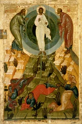 La transfiguración de Nuestro Señor, icono ruso de la Iglesia de la Dormición de la Santa Theotokos en el campo de Volotovo cerca de Novgorod (temple sobre tabla)