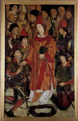 San Vicente, patrón de Lisboa. Políptico de San Vicente de Zaragoza rodeado de obispos y caballeros. Pintura atribuida a Nuno Gonçalves o Gonzalvez (siglo XV) Museo Nacional de Arte Antiguo, Lisboa