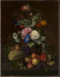 Naturaleza muerta con frutas y flores