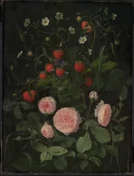 Naturaleza muerta con rosas y fresas