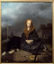 Joven en el cementerio. Pintura de Octave Tassaert (1800-1874) 1840 Dim. 0,45x0,53 m. Bayona, Museo Bonnat