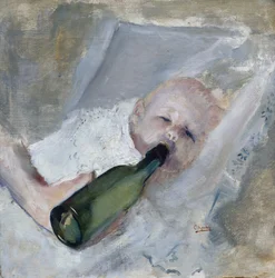 Bebé con biberón (óleo sobre lienzo)