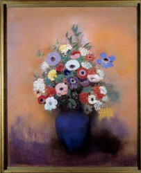 Anémonas y lilas en un jarrón azul por Odilon Redon (1840-1916)