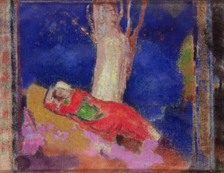 Mujer durmiendo bajo un árbol
