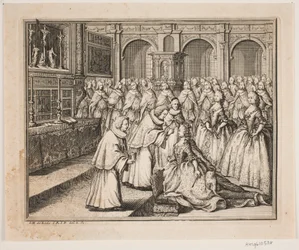 El obispo Hersleb unge a la reina Louise en la iglesia del castillo de Frederiksborg. Ilustración para el acta de la unción de Frederik IV