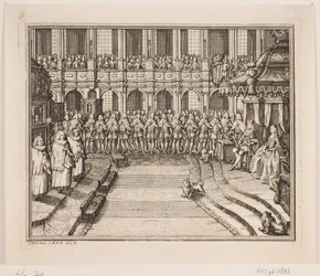 El rey Federico V y la reina Luisa durante la ceremonia de unción en la iglesia del castillo de Frederiksborg. Ilustración para el acto de unción de Federico IV