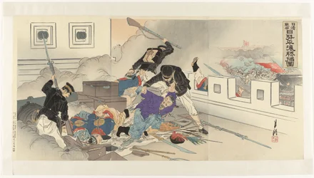 Representación de la guerra chino-japonesa en Pyongyang Nisshin sensô Nissei Heijô shôho zu (título sobre objeto)