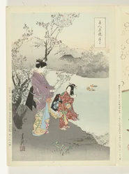 Admirando la flor del ciruelo Comparaciones entre bellezas y flores (título de la serie) Bijin hana kurabe (título de la serie sobre el objeto)