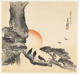 Cuervos en un tronco de árbol, Periodo Meiji, c.1890-1910