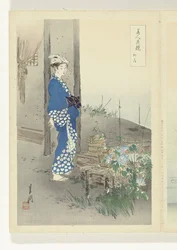 Poeta Kaga no Chiyo (título sobre objeto) Comparaciones entre bellezas y flores (título de la serie) Bijin hana kurabe (título de la serie sobre el objeto)