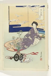 Perro jugando con carro de flores Comparaciones entre bellezas y flores (título de la serie) Bijin hana kurabe (título de la serie sobre el objeto)