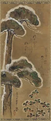 Pino y arbusto cargados de nieve, período Edo, fechado 1741
