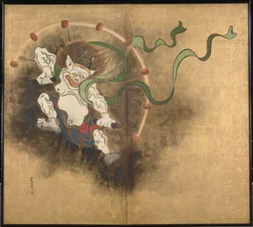 Le dieu de la tempete (El dios del trueno) Parte izquierda de una pantalla de dos paneles - Obra de Ogata Korin (1658-1716), acuarela y tinta sobre papel, principios del siglo XVIII, arte japonés, mitología oriental - Museo Nacional de Tokio, Japón