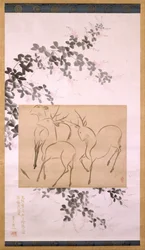 Dibujo preliminar de tres ciervos montados en un pergamino colgante..., pintura del siglo XIX