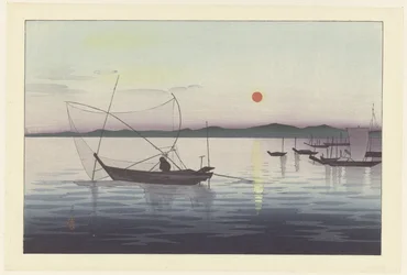 Barcos y sol poniente.