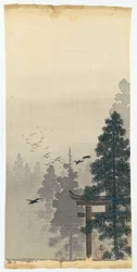 Paisaje con bandada de pájaros y torii