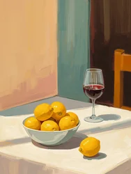 Bodegón con limones y copa de vino tinto
