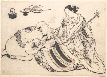 Un hombre arrodillado, inclinado hacia delante y escuchando a una oiran que toca el shamisen