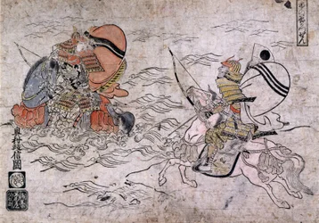 Batalla entre dos samuráis enemigos durante la Batalla de Ichi-no-Tani. Pintura sobre papel de Okumura Masanobu, alrededor de 1720.