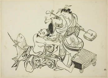 Ebisu coqueteando con una cortesana, no. 3 de una serie de 12 impresiones
