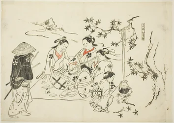 Calentando sake con hojas de arce (Kanzake momijigari), nº 9 de una serie de 12 grabados que representan parodias de obras de teatro.