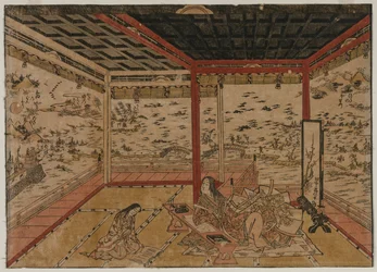 Lady Murasaki en Ishiyama contemplando un panorama con siete vistas del lago Biwa, 1740s