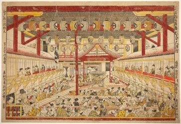 Gran imagen en perspectiva de la actuación de Kaomise en el escenario Kabuki (Shibai kyogen butai kaomise o uki-e)