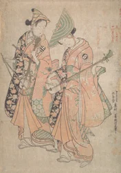 Onoe Kikugoro en el papel de Yaoya Oshichi y Nakamura Kiyosaburo como su amante el kosho, 1750