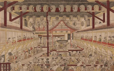 Vista en perspectiva del interior del Teatro Nakamura con Ichikawa Ebizo II como Yanone Goro