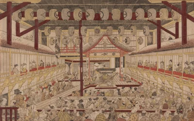 Vista en Perspectiva del Interior del Teatro Nakamura con Ichikawa Ebizo II como Yanone Goro, 1740