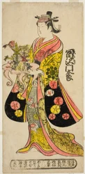 El actor Tomizawa Montaro I como Miyako no Mae en la obra "Izu Genji Horai Yakata," representada en el Teatro Ichimura en el undécimo mes, 1736