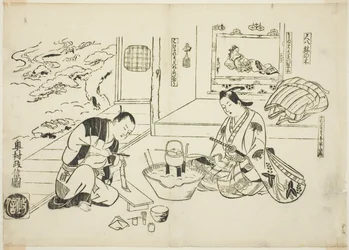 La flauta de bambú y el árbol en maceta (Shakuhachi hachi-no-ki), nº 12 de una serie de 12 grabados que representan parodias de obras de teatro