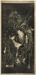 Dos chicos como los monjes excéntricos Kanzan (chino: Hanshan) y Jittoku (chino: Shide)
