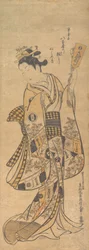 Yaoya O Shichi de pie, sosteniendo una carta de amor y un volante, ca. 1748
