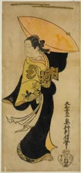 El actor Fujimura Handayu II como Nowake no Mae en la obra "Tategami Teika Kazura," representada en el Teatro Ichimura en el undécimo mes, 1719