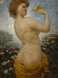 Mujer desnuda con un pájaro en la vegetación