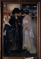 Café en París (Francia). (Café en París). Escena nocturna, tres mujeres conversan en medio de una multitud en la mesa, a lo lejos, una orquesta y las farolas de la ciudad. Pintura de Alexander Alexandrovich Murashko (Alexander Murashko) (1875-1919), óleo s