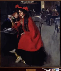 En un café (En un Café). Escena en un café probablemente en París. Pintura de Alexander Alexandrovich Murashko (Alexander Murashko) (1875-1919), óleo sobre lienzo
