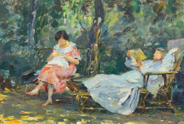 Leer y tejer en el jardín (óleo sobre tabla)