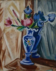 Jarrón azul con flores