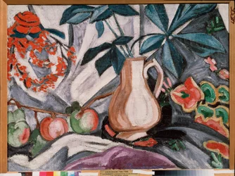 Bodegón con jarrón y manzanas - Bodegón con jarra y manzanas - Pintura de Olga Vladimirovna Rozanova (1886-1918), óleo sobre lienzo - Arte ruso, finales del siglo XIX-principios del siglo XX, vanguardia - Museo Estatal Ruso, San Petersburgo